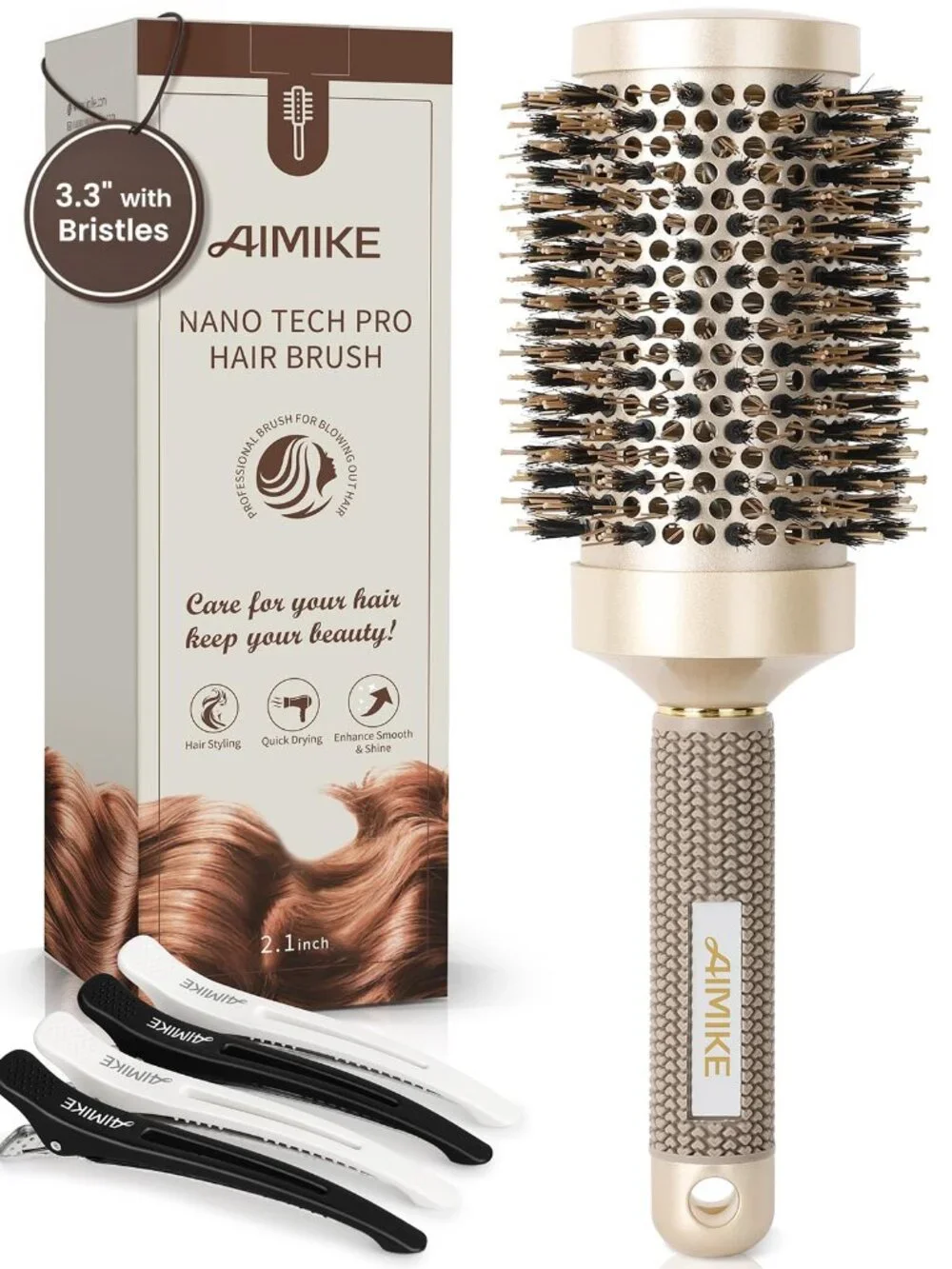 AIMIKE Round Hair Brush, Nano Thermal Ceramic & Ionic Tech, Boar Bristles